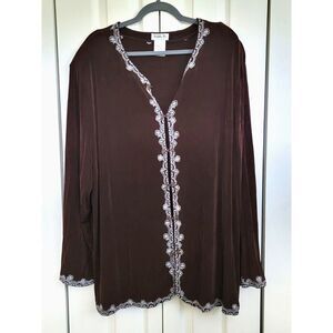 Vikki Vi 3X Brown Jacket Slinky Hook Closure Embroidered LS Vintage Shoulder Pad